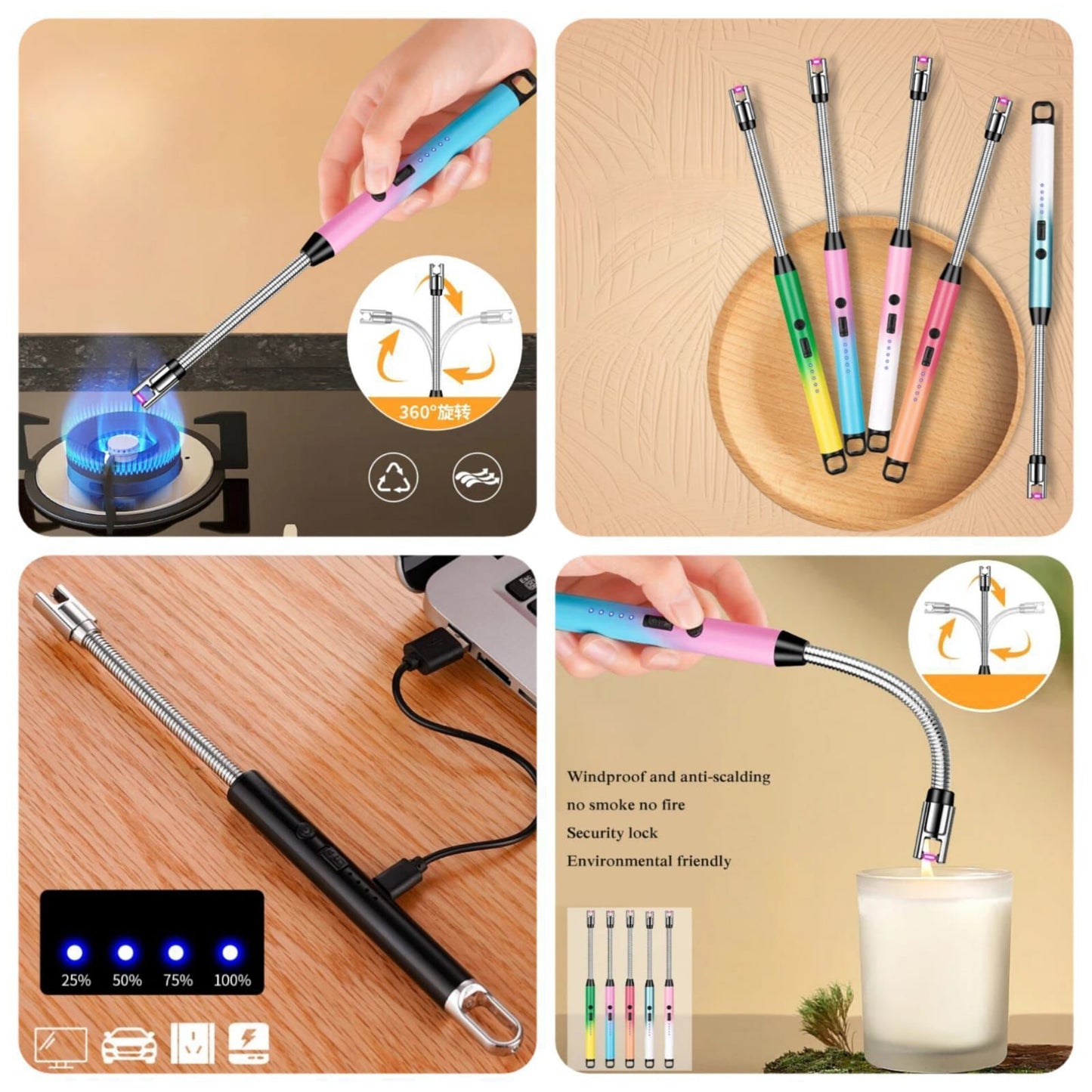 Electric Arc Lighter Rechargeable USB — Windproof Waterproof 360° Flexible Neck (Random Colors) | Sajeel.pk