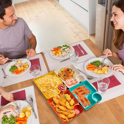 4 Piece Colorful Serving Platter Set BPA Free — Kids & Family Dining Tray with Dipping Bowl for Parties & BBQ