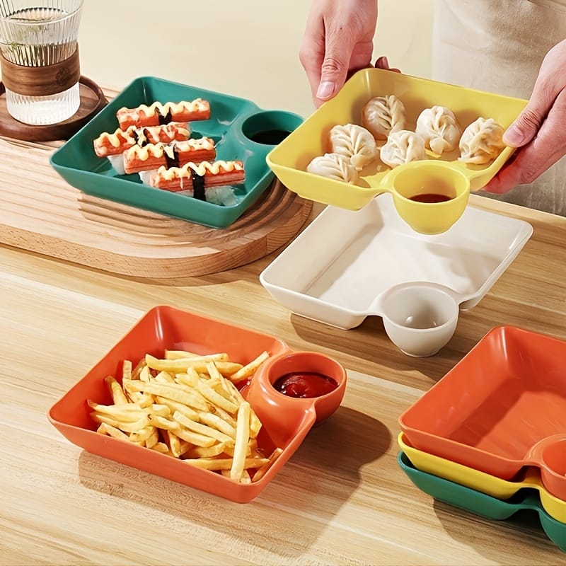 4 Piece Colorful Serving Platter Set BPA Free — Kids & Family Dining Tray with Dipping Bowl for Parties & BBQ
