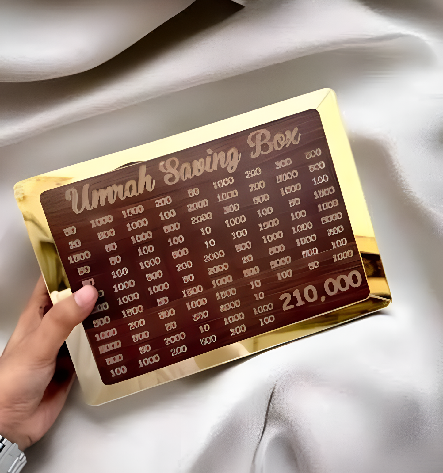 Umrah Saving Box Wooden Lockable — Premium Dark Brown Money Box for Umrah & Hajj Savings 210,000