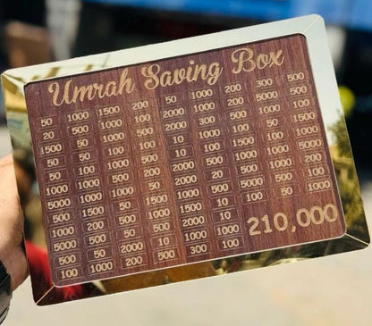 Umrah Saving Box Wooden Lockable — Premium Dark Brown Money Box for Umrah & Hajj Savings 210,000