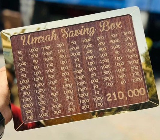 Umrah Saving Box Wooden Lockable — Premium Dark Brown Money Box for Umrah & Hajj Savings 210,000