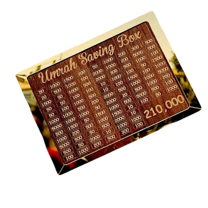 Umrah Saving Box Wooden Lockable — Premium Dark Brown Money Box for Umrah & Hajj Savings 210,000