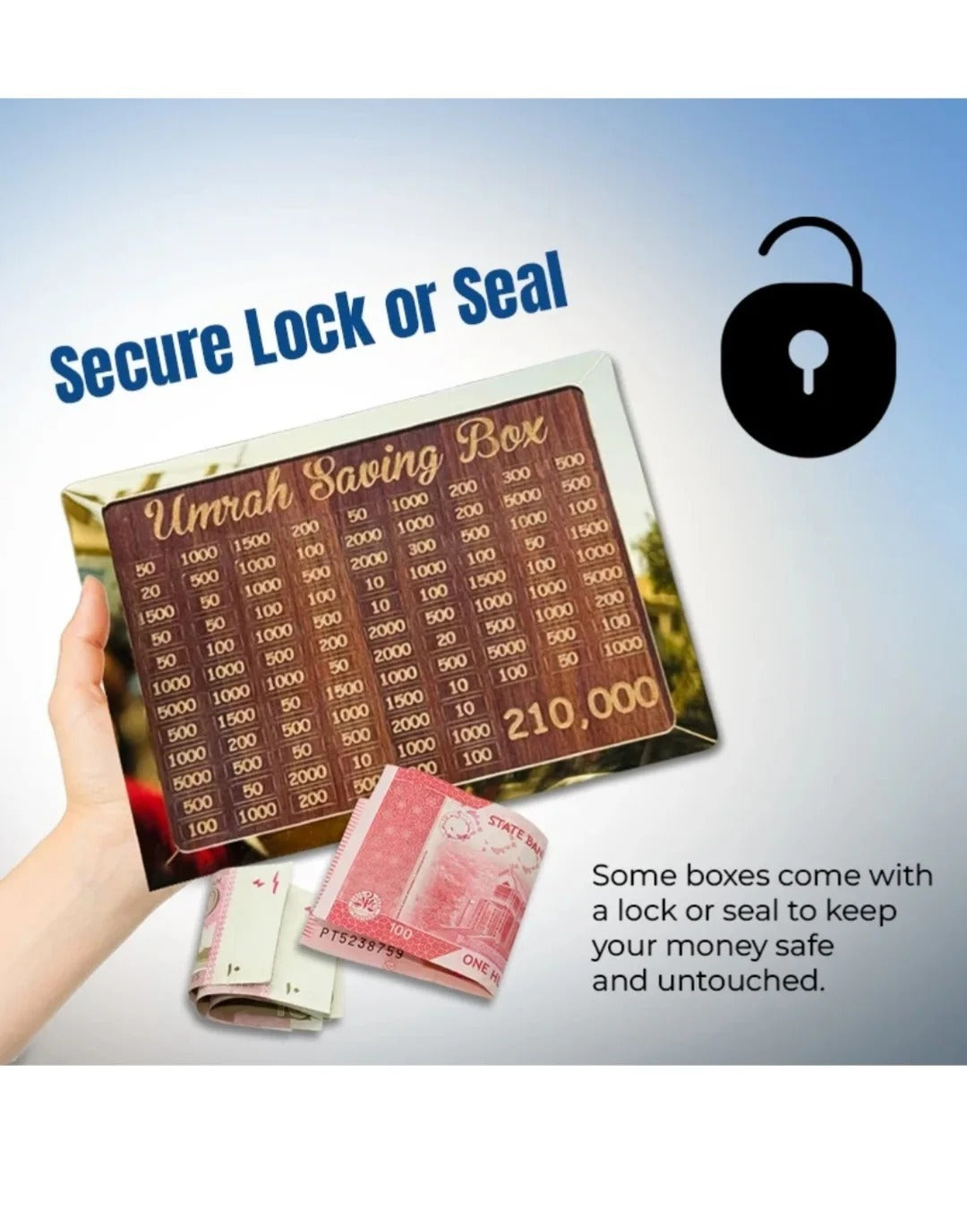 Umrah Saving Box Wooden Lockable — Premium Dark Brown Money Box for Umrah & Hajj Savings 210,000