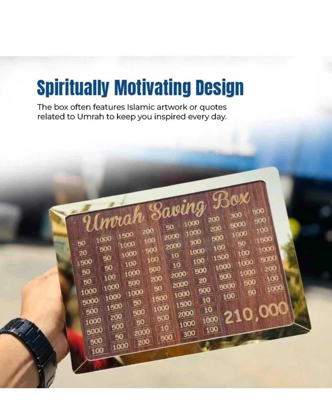 Umrah Saving Box Wooden Lockable — Premium Dark Brown Money Box for Umrah & Hajj Savings 210,000