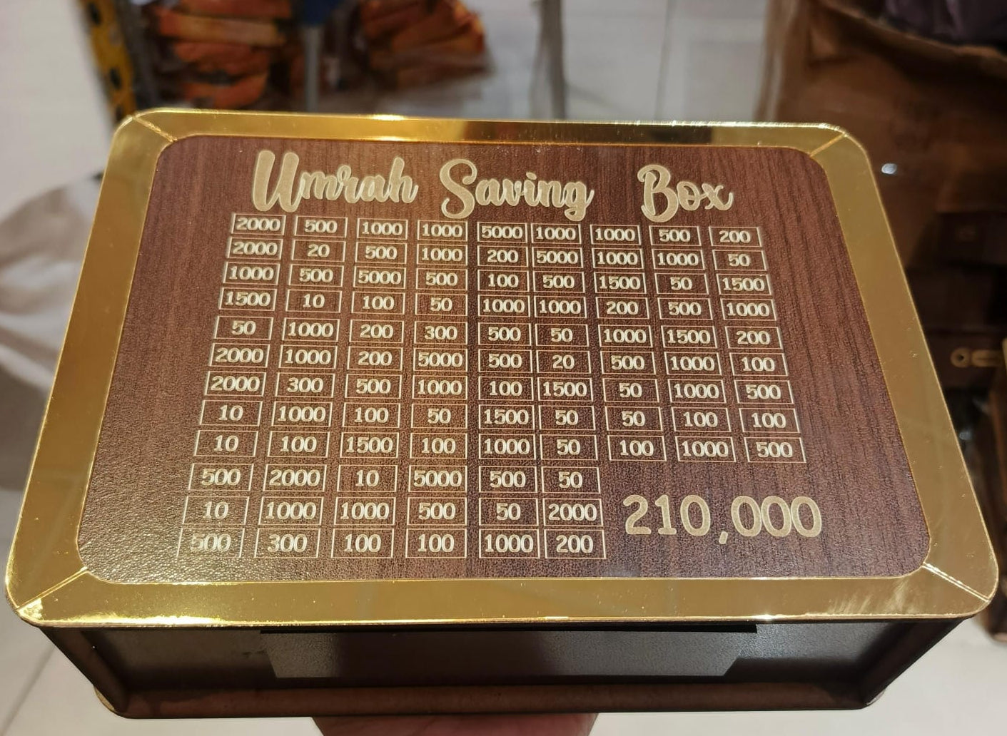Umrah Saving Box Wooden Lockable — Premium Dark Brown Money Box for Umrah & Hajj Savings 210,000